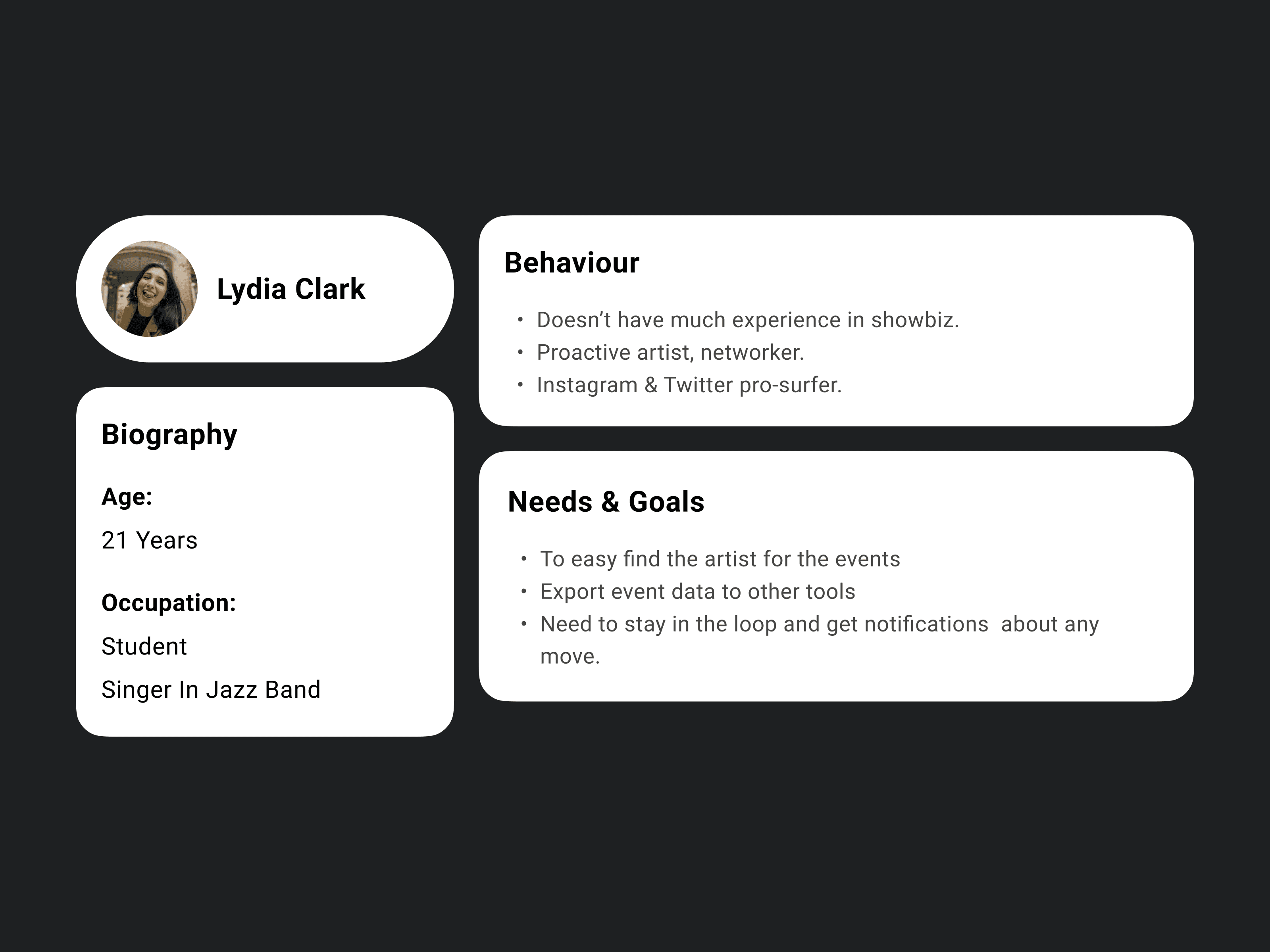 Persona — Lydia Clark, Student & Singer in Jazz Band